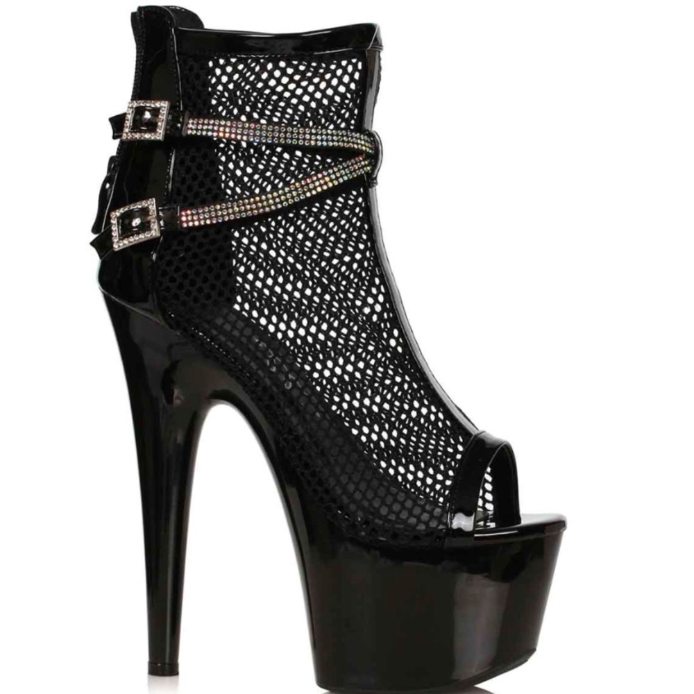 New Ellie Black 7” Fishnet Rhinestone Stiletto Platform Bootie Heels sz 10